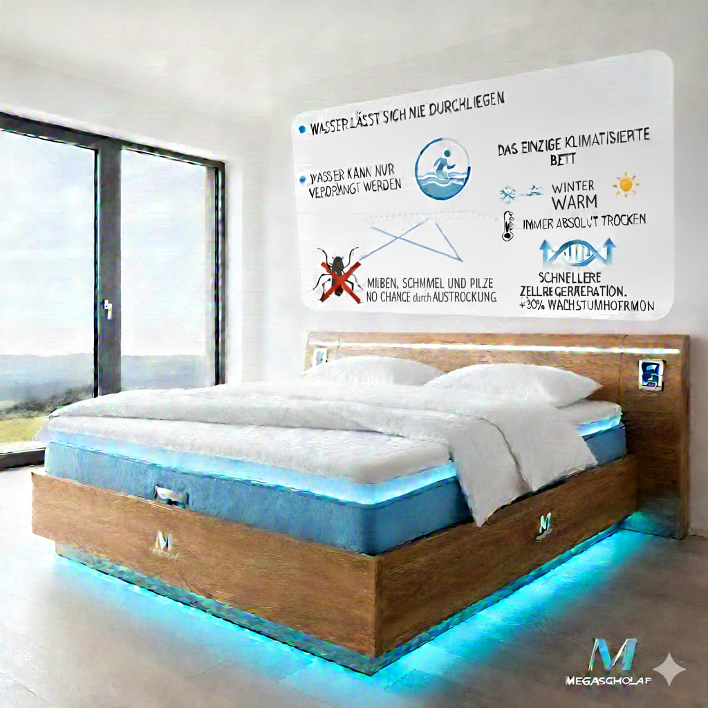 das Wasserbett sich als einziges Schlafsystem nicht durchliegen lässt, weil nur Wasser nicht komprimierbar, ist.Wasser kann nur durch Einsinken ins Wasser verdrängt werden.Das Wasserbett ist das einzige klimatisierte Bett. Im Sommer kühlend, im Winter wärmend.Da das Megaschlaf Wasserbett selbst im Sommer ( wenn es kühlt ), wärmer ist, als die Luft, ist es immer absolut trocken.Durch die tägliche Austrocknung, bleiben Sie vollständig von Milben, Milbenkot und Pilzen verschont, die sich sonst ab dem 1. Jahr in Ihrer neuen konventionellen Matratze bilden.